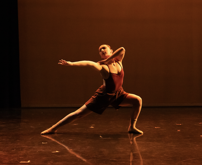 Dancer in a lunge postion, reaching arm to the left.