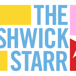 A Logo for The Bushwick Starr with the words The Bushwick Starr in light blue, a captial B in pink and red with a white star.