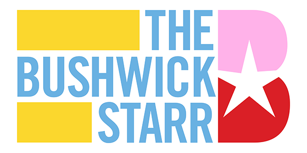 A Logo for The Bushwick Starr with the words The Bushwick Starr in light blue, a captial B in pink and red with a white star.