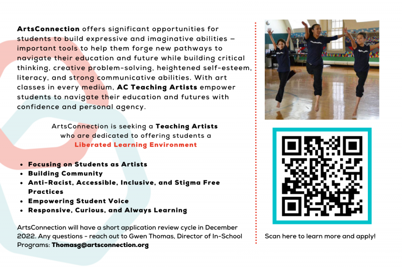 brief description of the jobs listings, along with a photo of students in a dance class