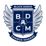 Black Dance Change Makers logo. Royal blue shield with wings on both sides. Two hands clasp one another in the center.