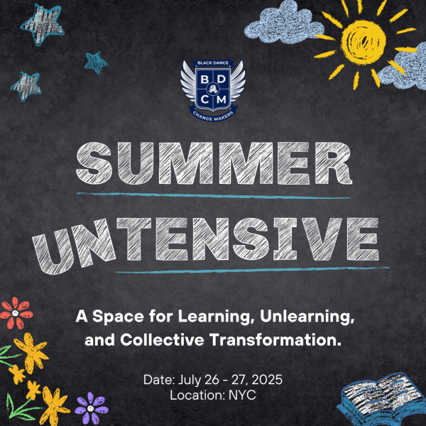 Chalkboard-style flyer for BDCM’s Summer Untensive with hand-drawn stars, sun, and flowers.