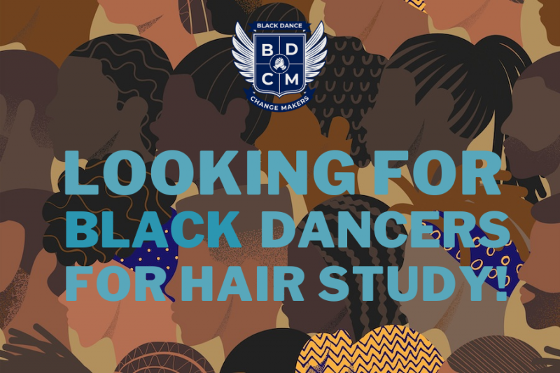 Collaged graphic with several Black people and their different hairstyles. Black Dance Change Makers is placed at the top of the