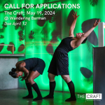 Image of one dancer crouched forward and another dancer with open arms in front of a brightly lit floral wall.