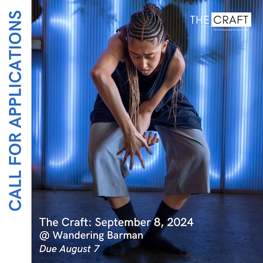 Image of one dancer contracted forward looking at their hands, with text that reads "Call for applications". 