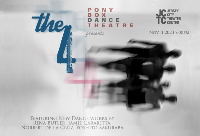 Poster for performance - includes dark silhouetted shapes of four dancers standing next to performance title and company name