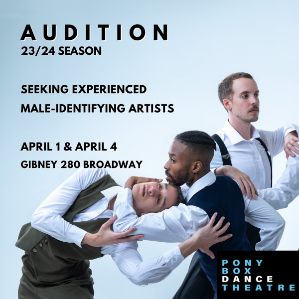 Audition graphic that reads "Seeking experienced male-identifying artists." Image is blue with 3 dancers in suits.