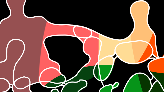 An abstract set of swirling, connecting lines filled in with various colors