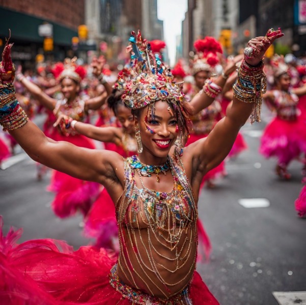 Dancers dressed in beaded headdresses and costumes dance down NYC street in the Dance Parade