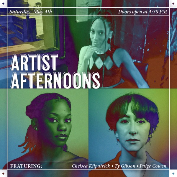 headshots of the three artists performing and Artist Afternoons written in bold white text