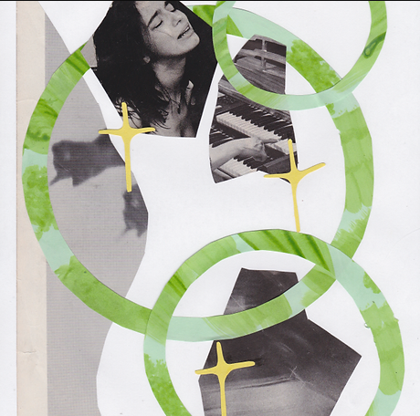 black-and-white photos of femme faces with green circles and yellow crosses layered in an artistically inspired collage