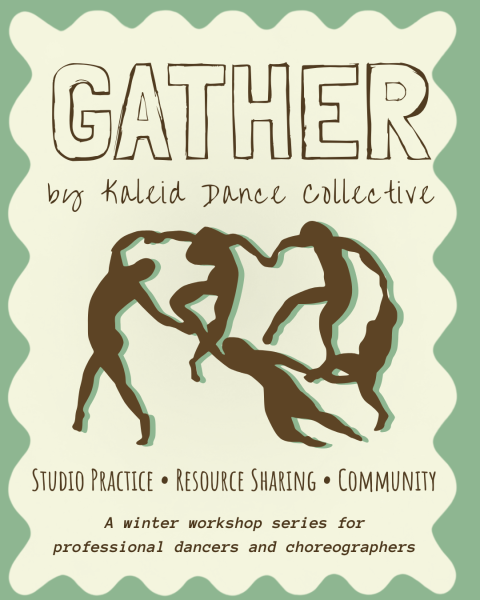 GATHER flyer with drawing of dancers moving in a circle after Matiesse's the Dance 