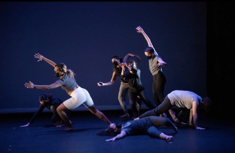Seven dancers in gray costumes spread out across a proscenium stage in blue lighting. They all reach in different directions.