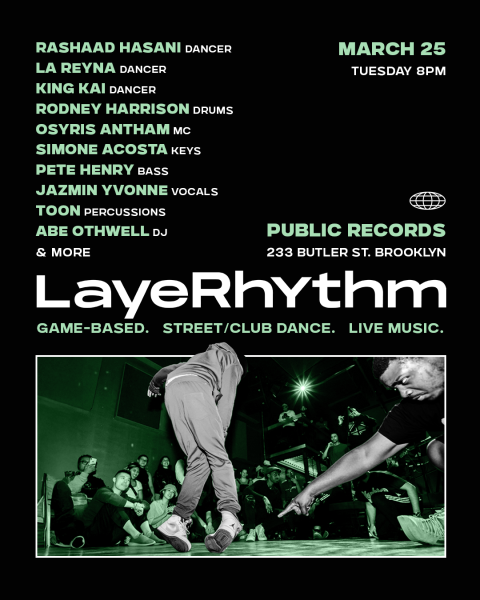 Poster indicating the lineup and game-based, street/club dance and live music.