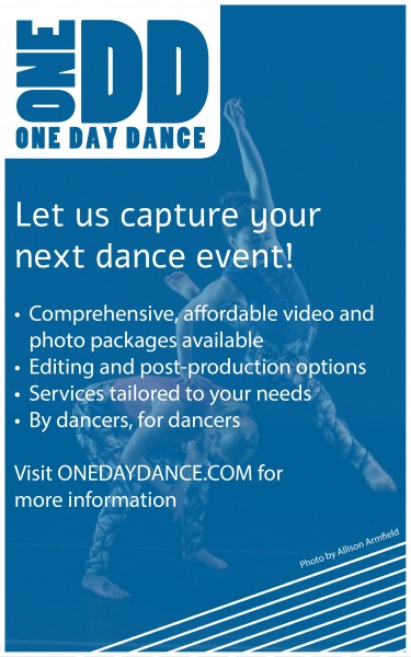 One dancer jumping over another. Blue tint. Advertisement for videography services
