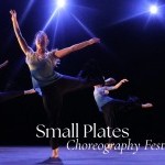 Image of two dancers in blue backlit with text "Small Plates Choreography Festival" superimposed