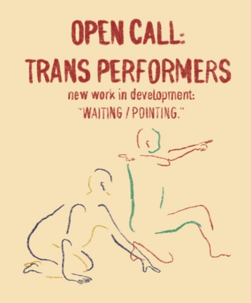 Open Call: Trans Performers. New Work in Development, “WAITING / POINTING.” Below are two line drawings of dancers pointing.
