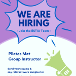We are hiring graphic in purple announcing we are looking for a pilates mat group instructor and encouraging applicants to email