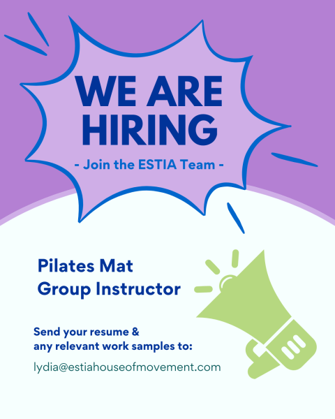 We are hiring graphic in purple announcing we are looking for a pilates mat group instructor and encouraging applicants to email