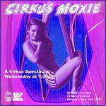 an aerialist leans back from aerial silks with a coy smile on her face. the background is bright blue and hot pink.