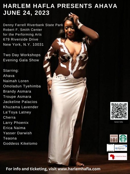 Balck bellydancer in a white and brown bellydance costume on black background