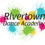 A logo with Rivertown Dance Academy written, and green, pink, blue, and yellow paint splatters in the background