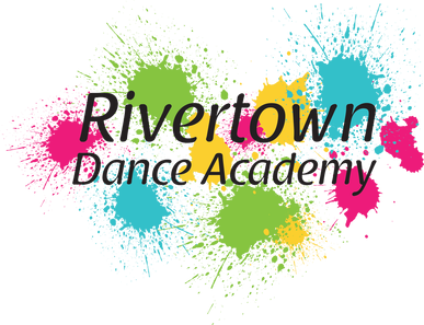 A logo with Rivertown Dance Academy written, and green, pink, blue, and yellow paint splatters in the background