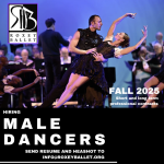 A male dancers holds a female dancers as she bends backwards with her arms above her head. The text reads "Hiring Male Dancers"