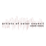 Text "artists of color council" on a gray skyline with text "movement research" below and to the right