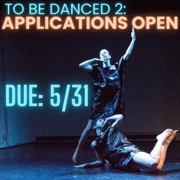 Two dancers wearing trashbags, one lying on the ground, one standning tall, pose dramatically. Event information is superimposed