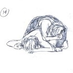 two bodies rest in a pile, hair draped over their faces, this is a sketch