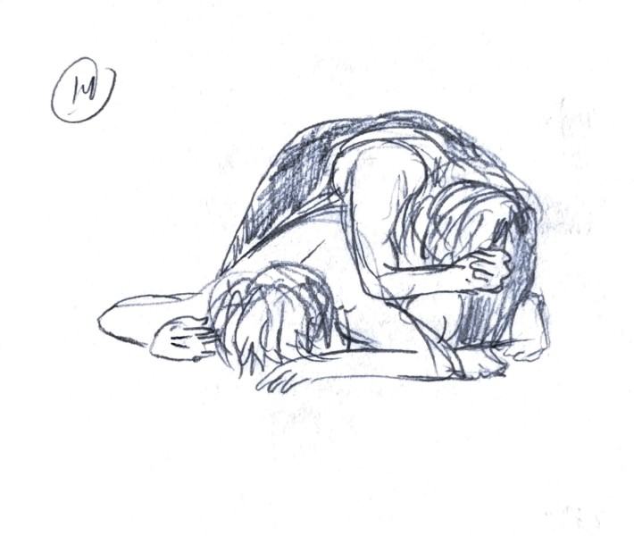 two bodies rest in a pile, hair draped over their faces, this is a sketch
