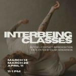 A blonde person in a while dress floats their legs and arms up over a beige background.  Text overlays the image with details.