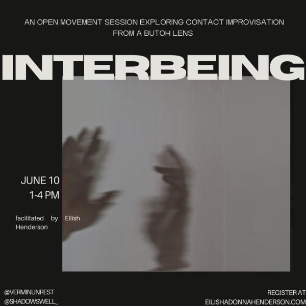 Two blurry hands facing each other in a sepia/light pink tone with the text "INTERBEING" floating above