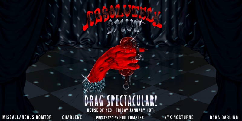 a red tattoed hand holds a dripping ball gag with a lush disco ball background. the words ABSOLUTELY SMUT at the top.