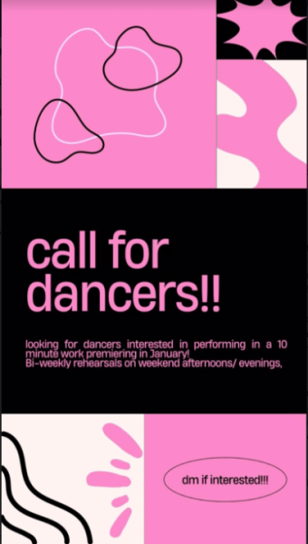 Advertisement for dancers, includes detials of bi-weekly rehearsals on weekends for performance of 10 min work in late January