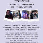 Text: Artist Call for The Village's Salons. Images: Artists presenting dance, poetry, and visual art.