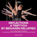 Line of dancers in black costumes with their arms raised.