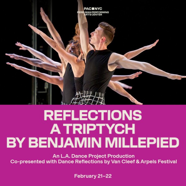 Line of dancers in black costumes with their arms raised.