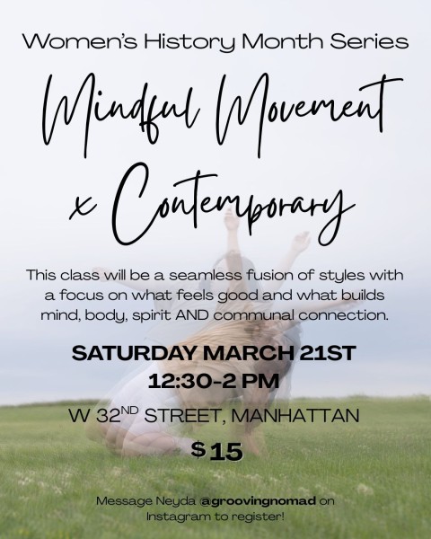 Multiple photos layered on top of each other of a dancer moving on green grass against a blue sky.