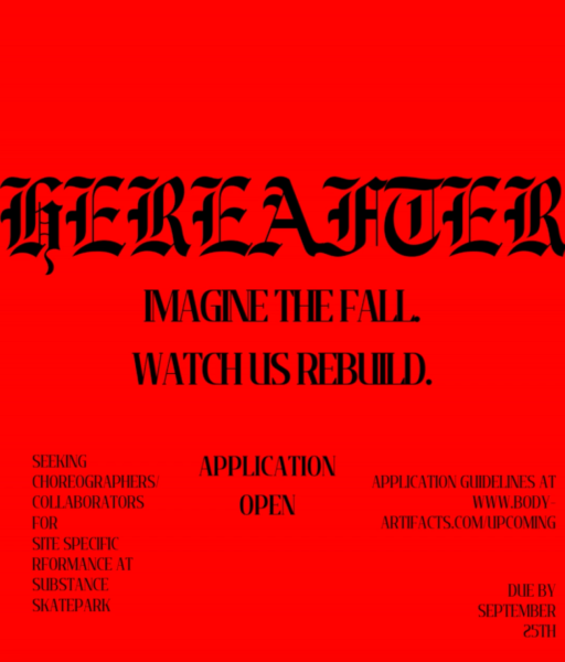 On a red background, black text announces the open call application for Hereafter by Body Artifacts.