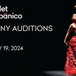 Image of a female-presenting dancer in a red dress with the Ballet Hispánico Logo and some text