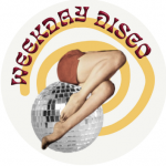 Photo depicts the words 'weekday disco' and an image of legs sitting crossed over discoball overlaid a yellow spiral background