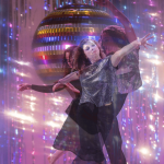 three dancers layered over a sequined disco ball background