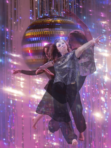 three dancers layered over a sequined disco ball background
