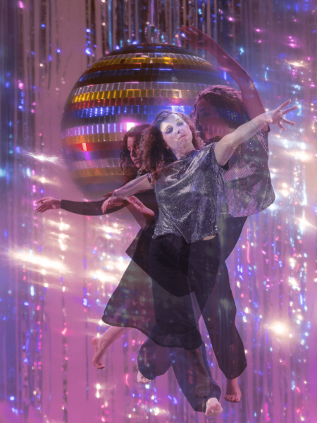 three dancers layered over a sequined disco ball background