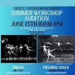 Photo of eight dancers in the dance, Tread, linked together behind a group of fans.  Five dancers leaping in second position.