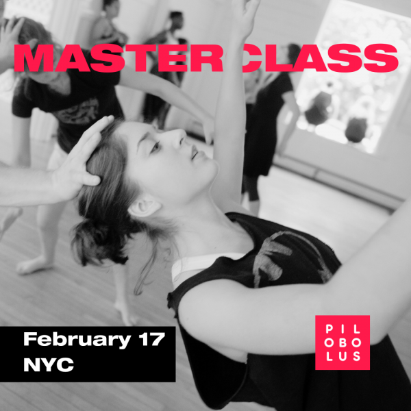 Masterclass February 17 NYC with red Pilobolus logo. All text overlays an image of a person dancing and bending backward