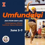 Advertisement for the Umfundalai intensive featuring a tall dancer with arms shaped around his torso jumping on one foot