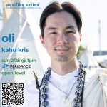 Kahu Kris smiles at the camera. He wears two lei and white garments. Event information, including a QR code, are included (left)